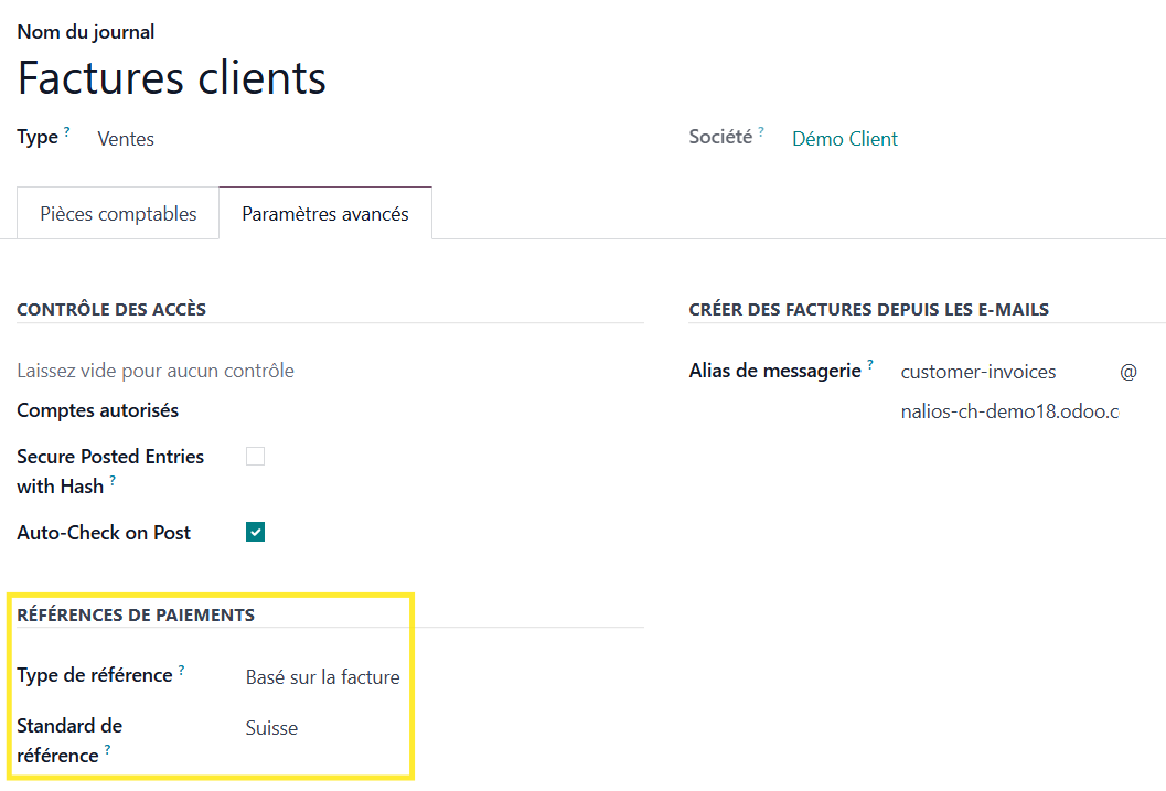 paramètres journal factures clients QR-facture